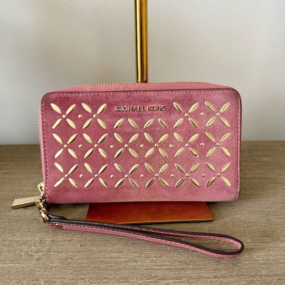 Michael Kors Cell Phone Wallet Clutch in Pink Suede with Gold Metallic Detail - Picture 1 of 7